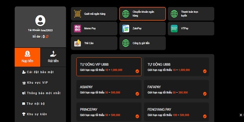 Nạp tiền U888 nhiều cách lựa chọn